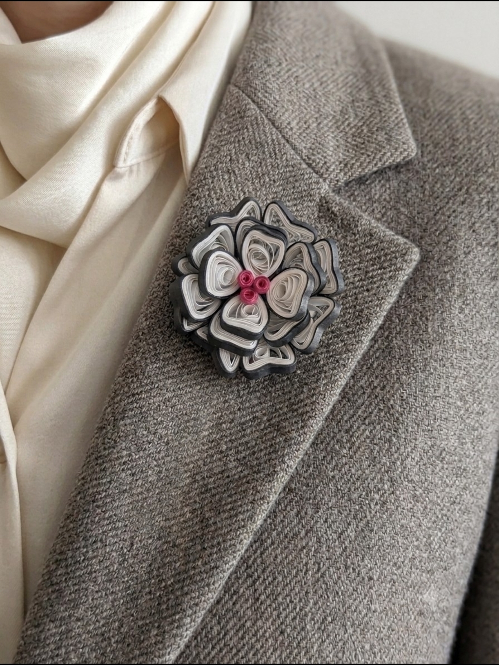 Handmade Quilled Paper Flower Lapel Pin | Black, White, Magenta Botanical Brooch